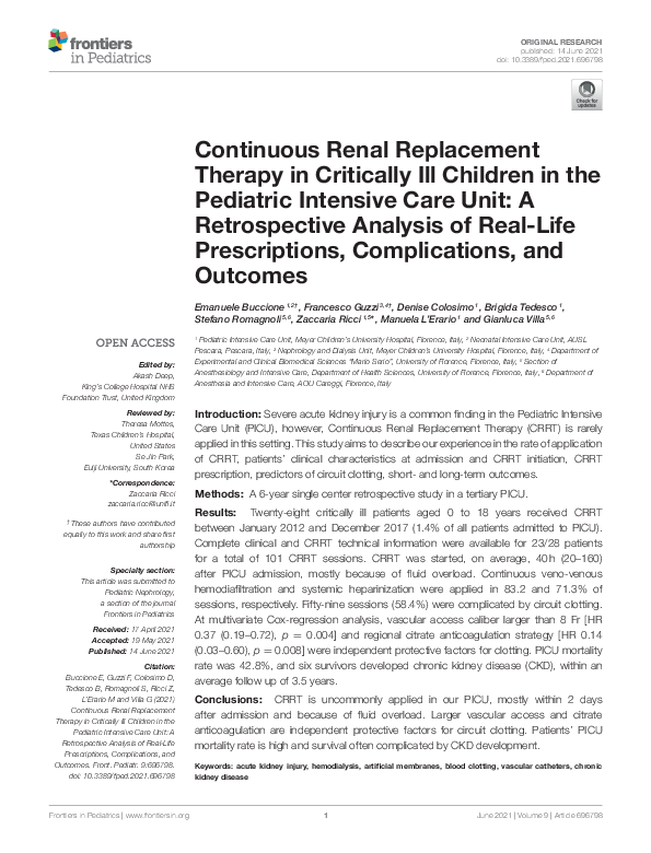 (PDF) Continuous Renal Replacement Therapy in Critically Ill Children ...