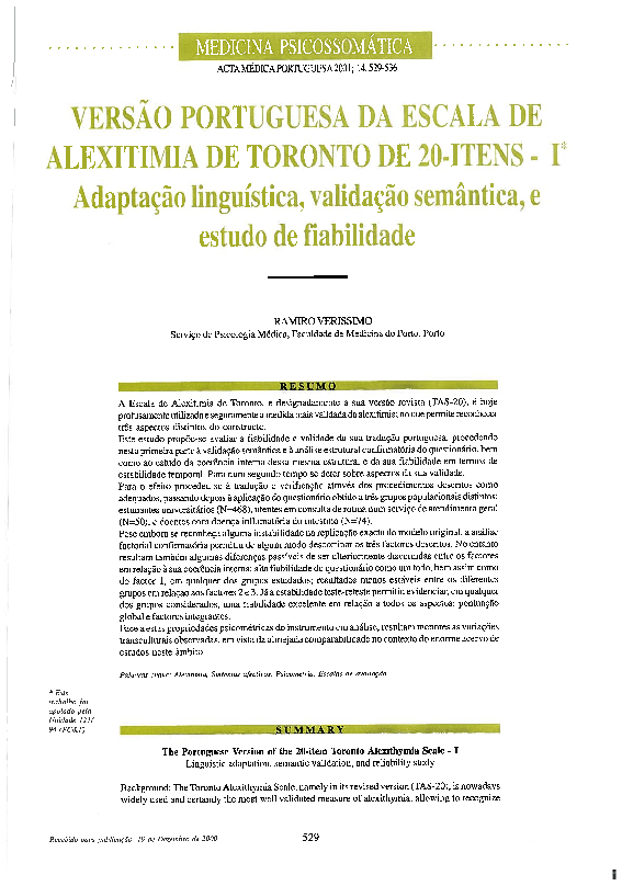 (PDF) [The Portuguese version of the 20-item Toronto Alexithymia Scale ...