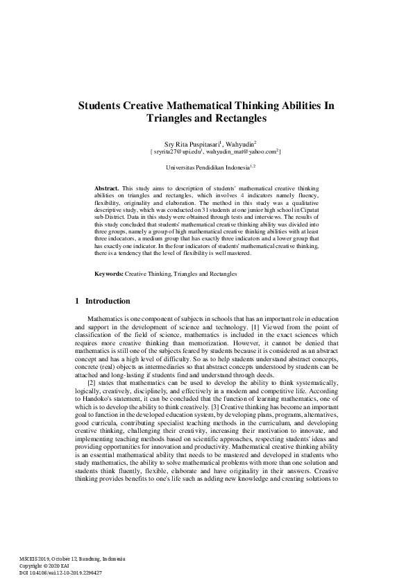(PDF) Students Creative Mathematical Thinking Abilities In Triangles ...