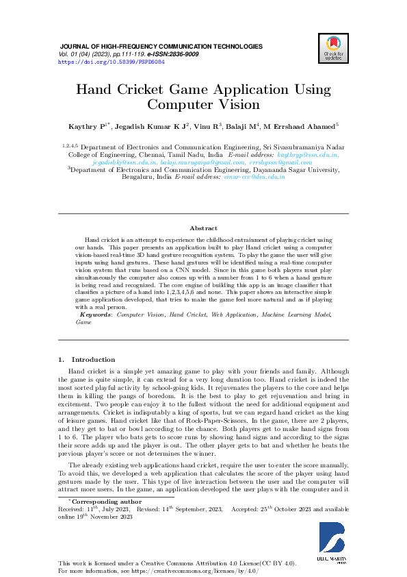 (PDF) Hand Cricket Game Application Using Computer Vision