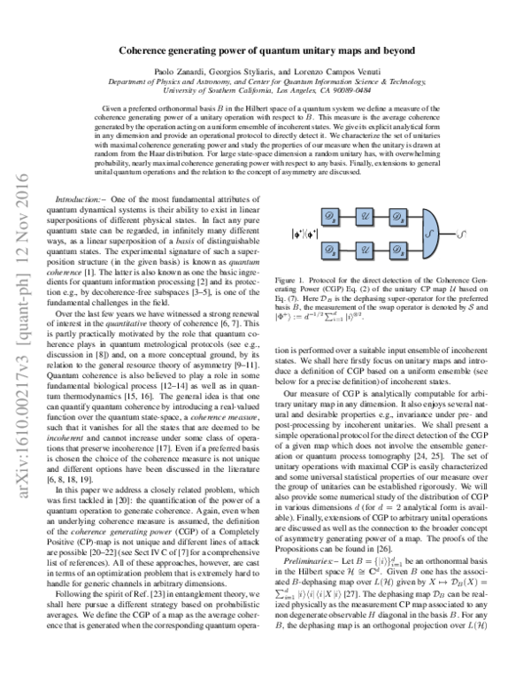 (PDF) Coherence generating power of quantum unitary maps