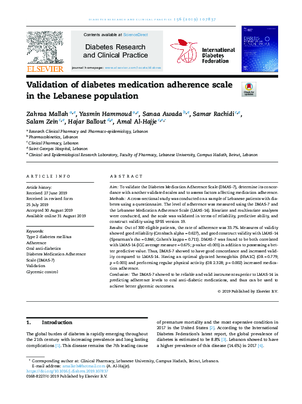 (PDF) Validation of diabetes medication adherence scale in the Lebanese ...