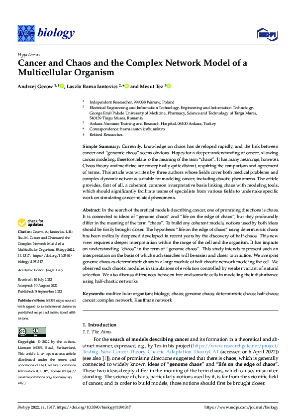 (PDF) Cancer and Chaos and the Complex Network Model of a Multicellular ...