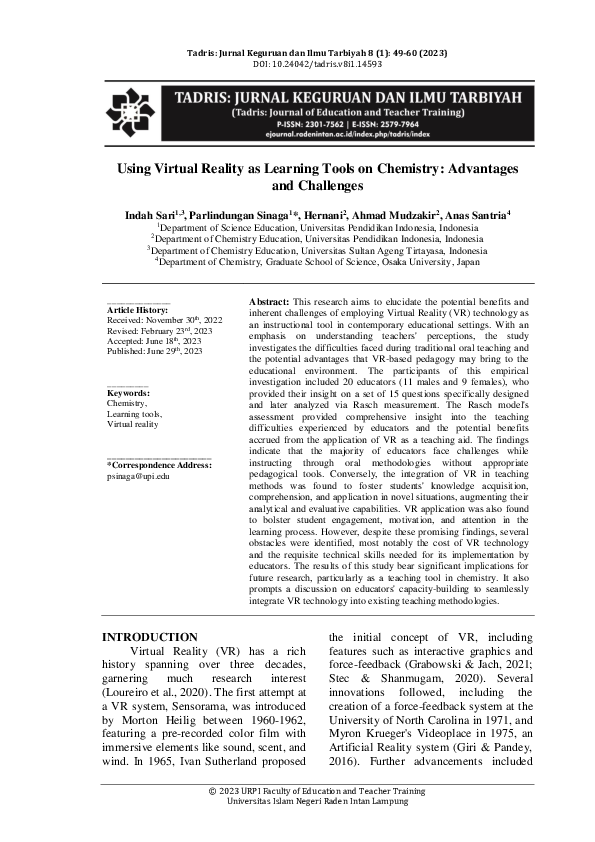 (PDF) Using Virtual Reality as Learning Tools on Chemistry: Advantages ...