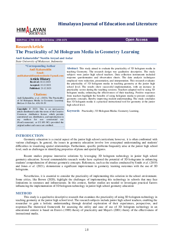 (PDF) The Practicality of 3d Hologram Media in Geometry Learning