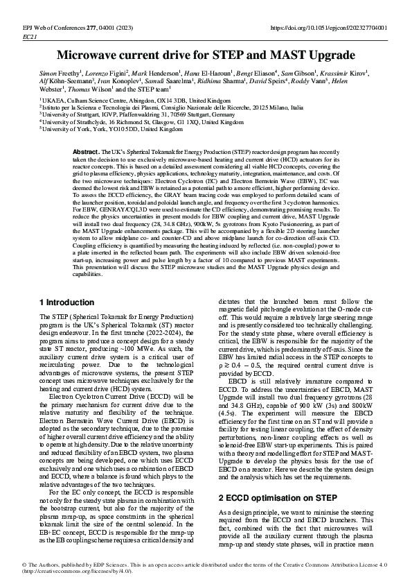 (PDF) Microwave current drive for STEP and MAST Upgrade