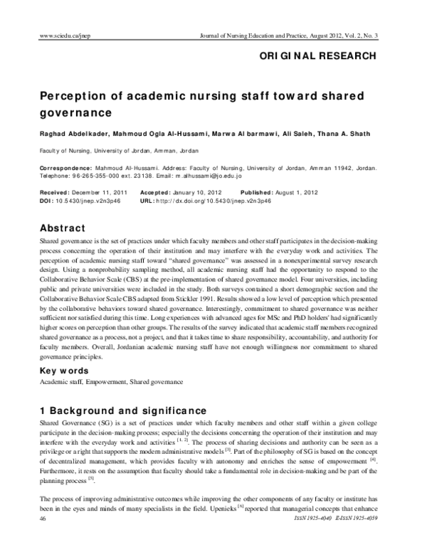 (PDF) Perception of academic nursing staff toward shared governance
