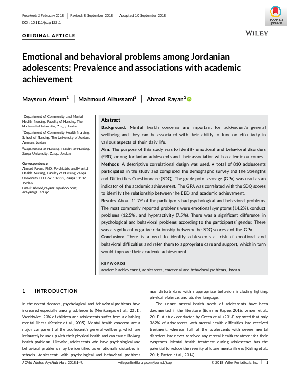 (PDF) Emotional and behavioral problems among Jordanian adolescents ...