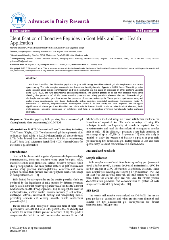 (PDF) Identification of Bioactive Peptides in Goat Milk and Their ...