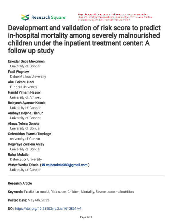(PDF) Development and validation of risk score to predict in-hospital ...