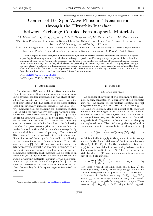 (PDF) Control of the Spin Wave Phase in Transmission through the ...