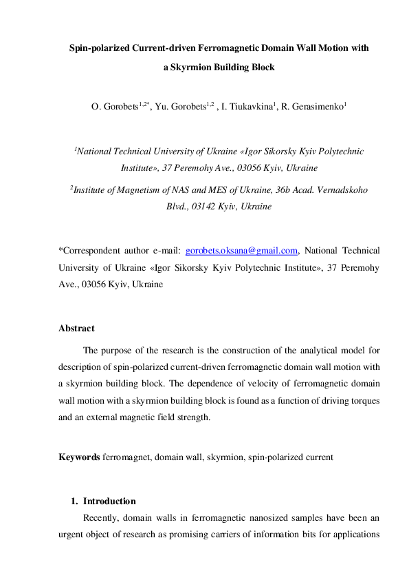 (PDF) Spin-polarized Current-driven Ferromagnetic Domain Wall Motion ...