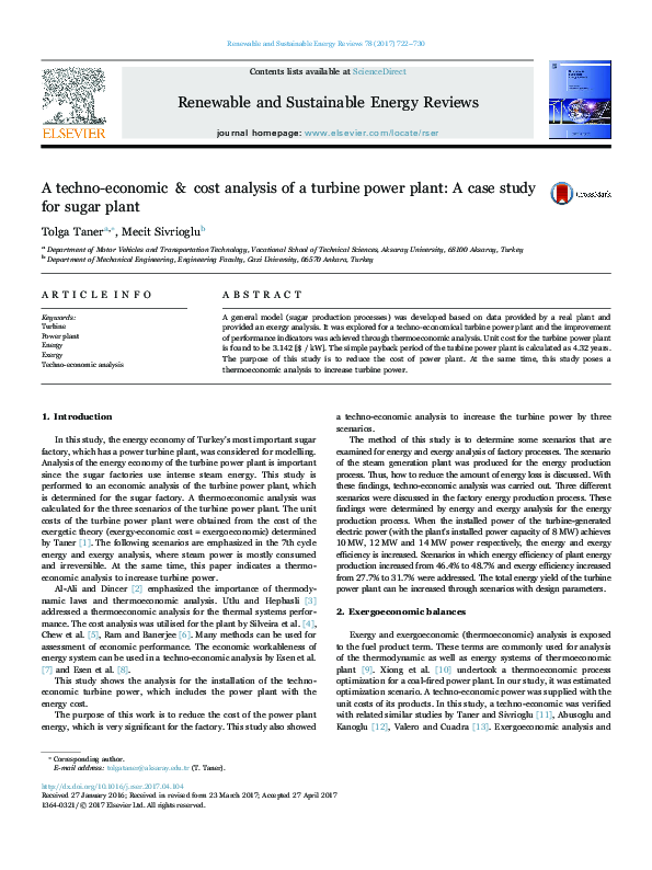 (PDF) A techno-economic & cost analysis of a turbine power plant: A ...