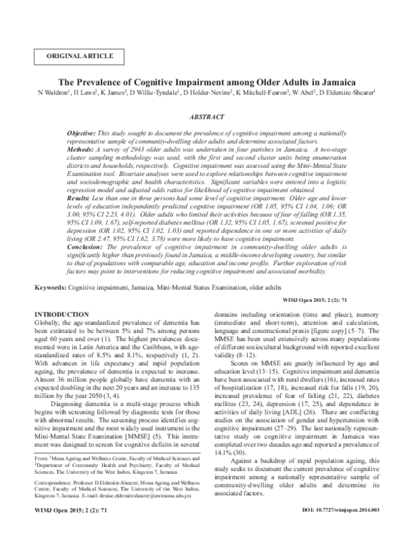 (PDF) The Prevalence of Cognitive Impairment among Older Adults in Jamaica