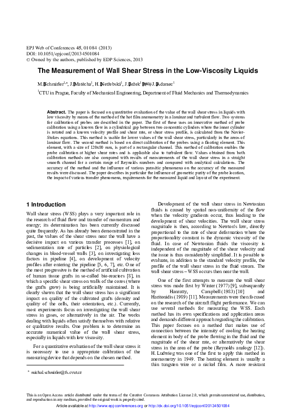 (PDF) The Measurement of Wall Shear Stress in the Low-Viscosity Liquids