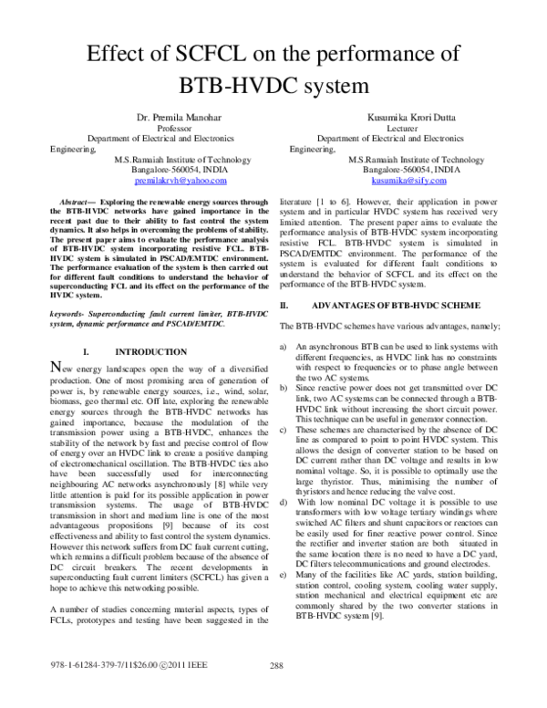 (PDF) Effect of SCFCL on the performance of BTB-HVDC system