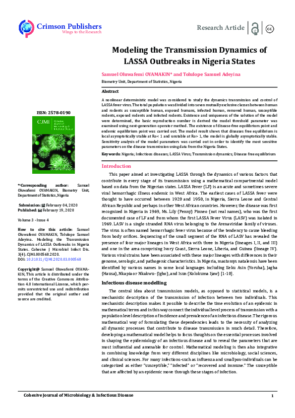 (PDF) Modeling the Transmission Dynamics ofLASSA Outbreaks in Nigeria ...