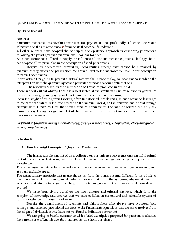 (DOC) QUANTUM BIOLOGY: THE STRENGTH OF NATURE THE WEAKNESS OF SCIENCE
