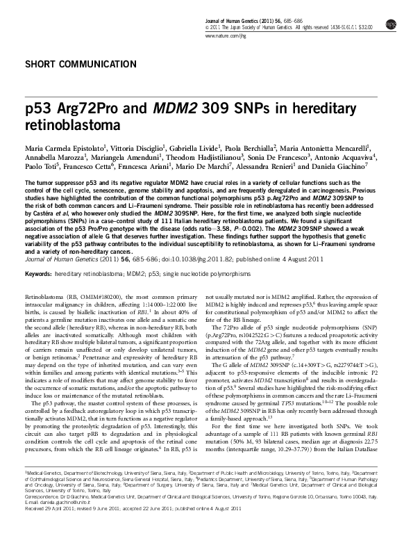 p53 Arg72Pro and MDM2 309 SNPs in hereditary retinoblastoma