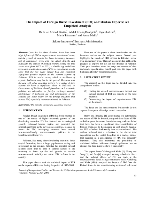(PDF) The Impact of Foreign Direct Investment (FDI) on Pakistan Exports ...