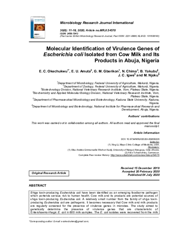 (PDF) Molecular Identification of Virulence Genes of Escherichia coli ...