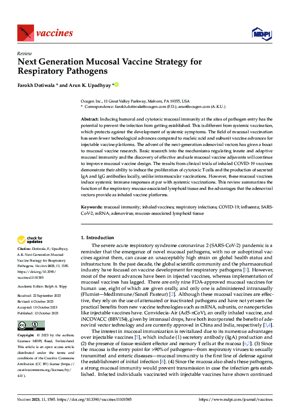 (PDF) Next Generation Mucosal Vaccine Strategy for Respiratory Pathogens