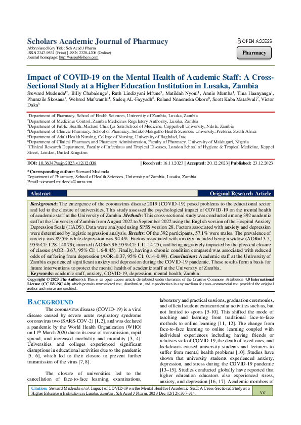(PDF) Impact of COVID-19 on the Mental Health of Academic Staff: A ...