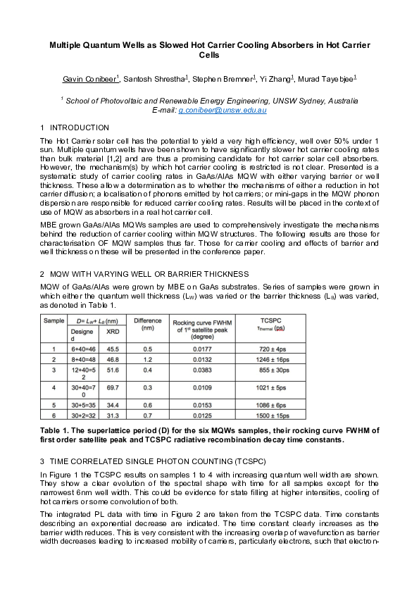 (PDF) Multiple quantum wells as slowed hot carrier cooling absorbers in ...