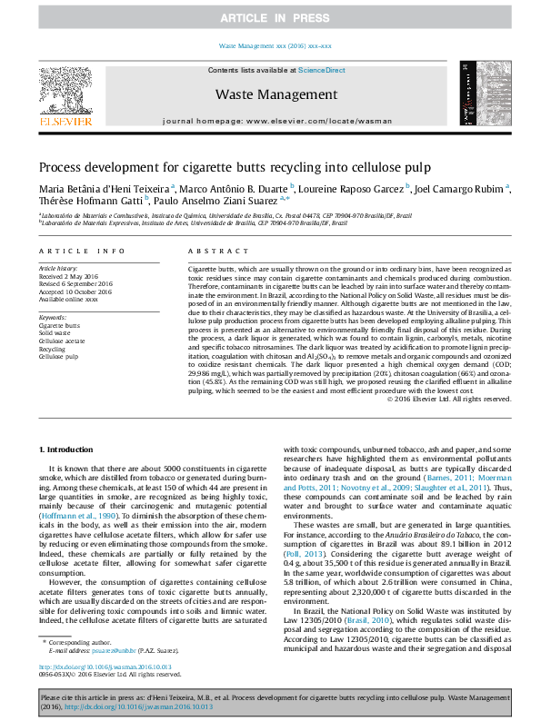 (PDF) Process development for cigarette butts recycling into cellulose pulp
