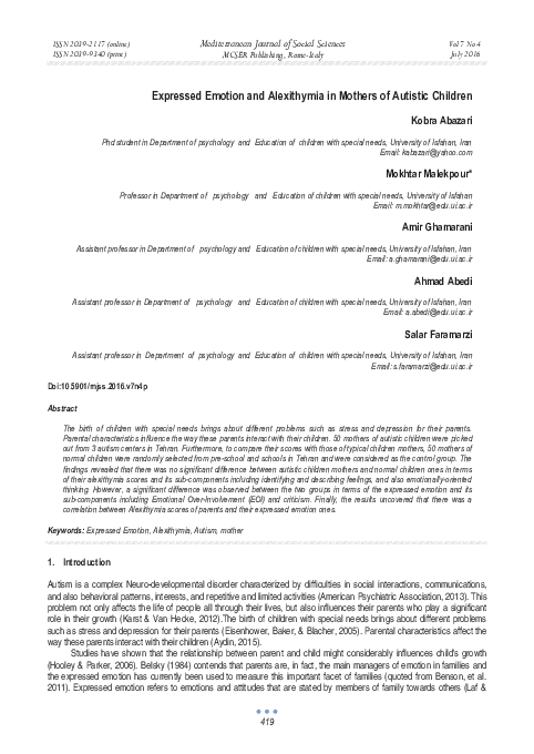 (PDF) Expressed Emotion and Alexithymia in Mothers of Autistic Children