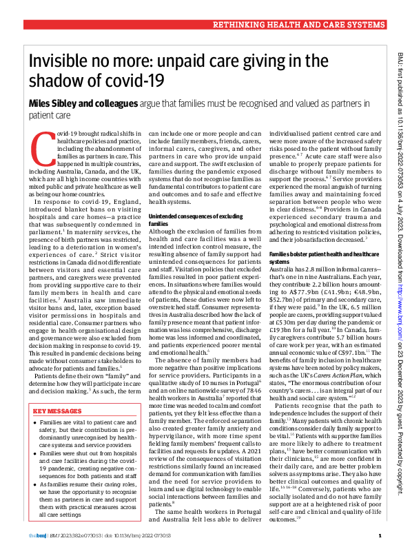 (PDF) Invisible no more: unpaid care giving in the shadow of covid-19