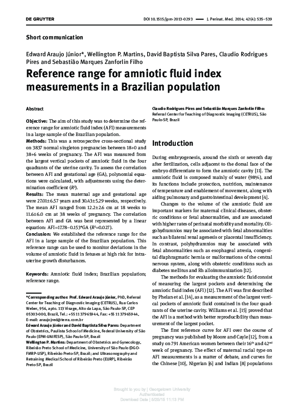 (PDF) Reference range for amniotic fluid index measurements in a ...