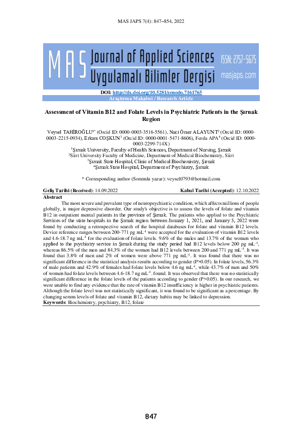 (PDF) Assessment of Vitamin B12 and Folate Levels in Psychiatric ...