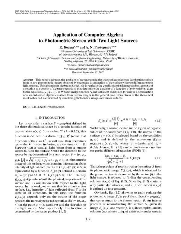 (PDF) Application of Computer Algebra to Photometric Stereo with Two ...