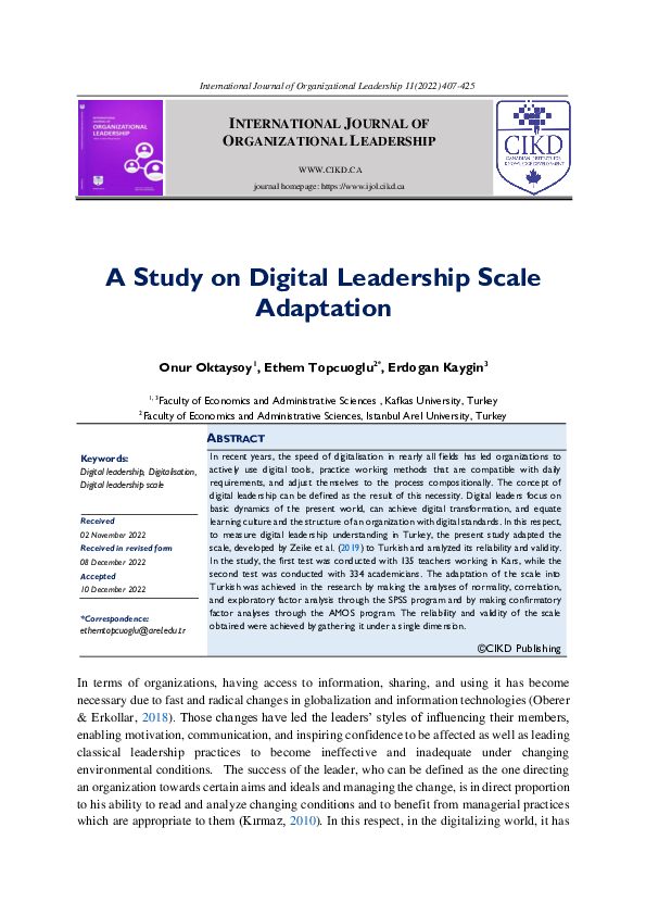 (PDF) A Study on Digital Leadership Scale Adaptation