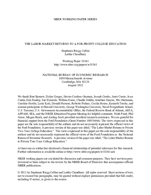 (PDF) The Labor Market Returns to a For-Profit College Education. NBER ...