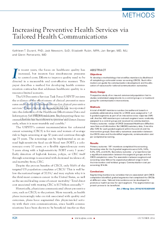 (PDF) Increasing preventive health services via tailored health ...