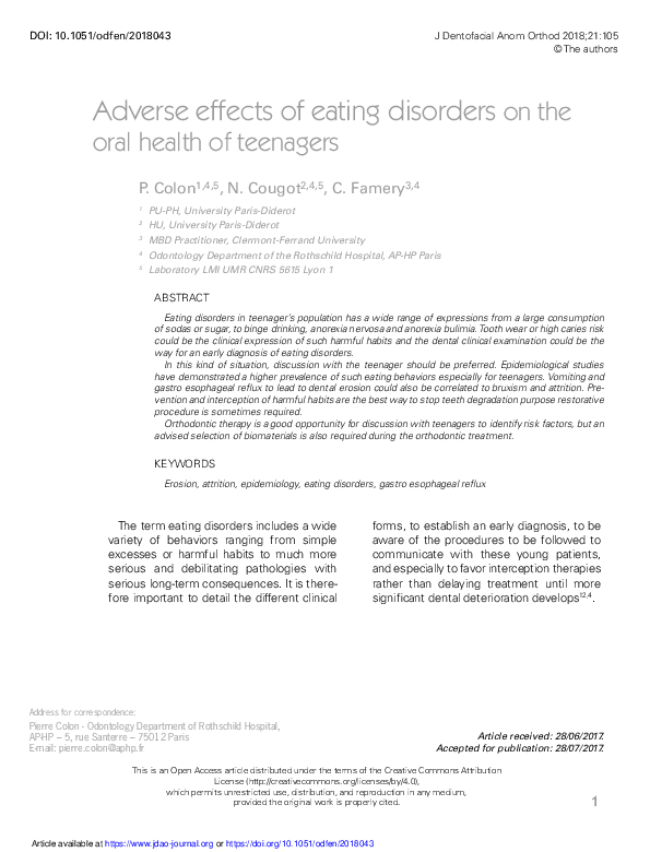 (PDF) Adverse effects of eating disorders on the oral health of teenagers
