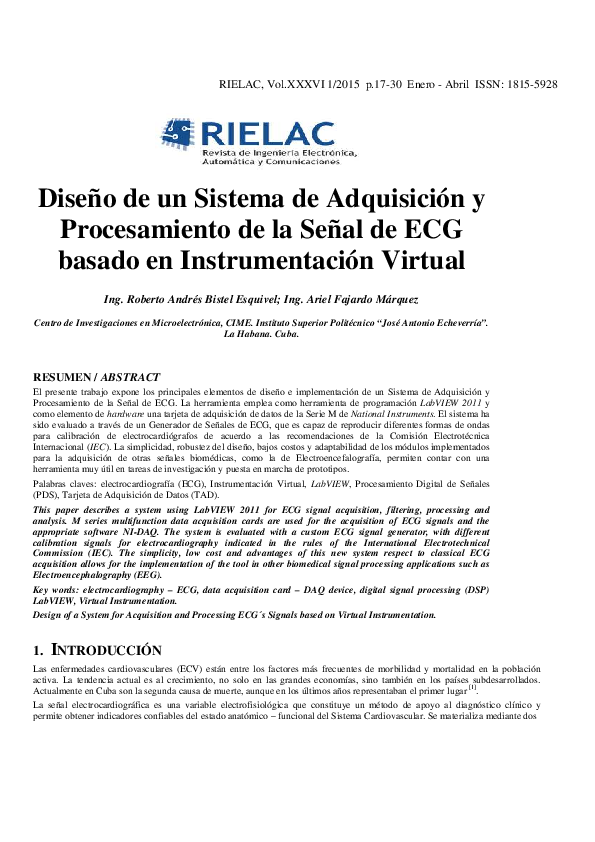 (PDF) Design of a System for Acquisition and Processing ECG´s Signals ...