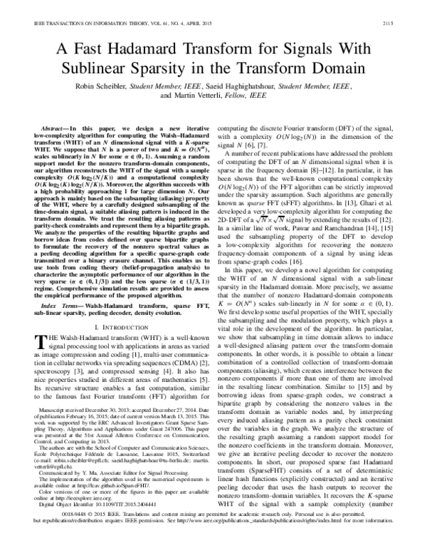 (PDF) A fast Hadamard transform for signals with sub-linear sparsity