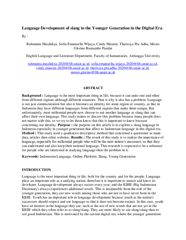 (PDF) Language Development of Slang In The Younger Generation In The ...