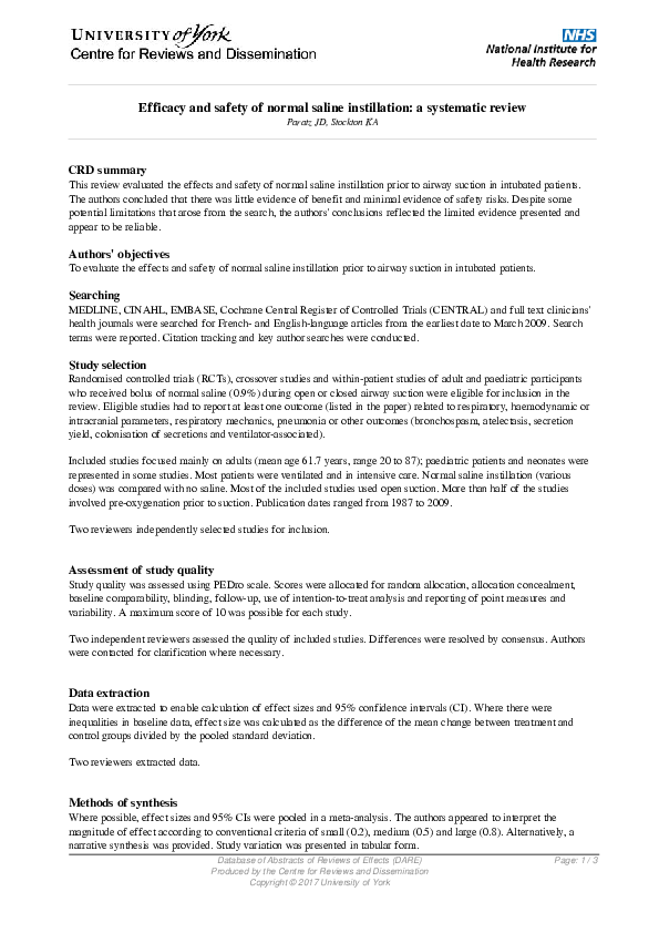 (PDF) Efficacy and safety of normal saline instillation: A systematic ...