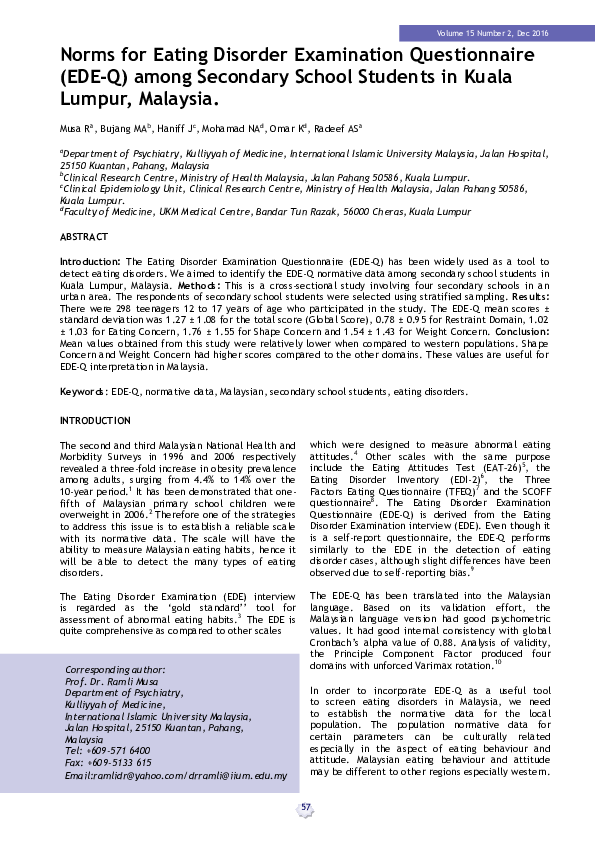 (PDF) Norms for Eating Disorder Examination Questionnaire (EDE-Q) among ...