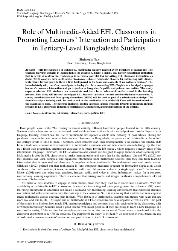 (PDF) Role of Multimedia-Aided EFL Classrooms in Promoting Learners ...