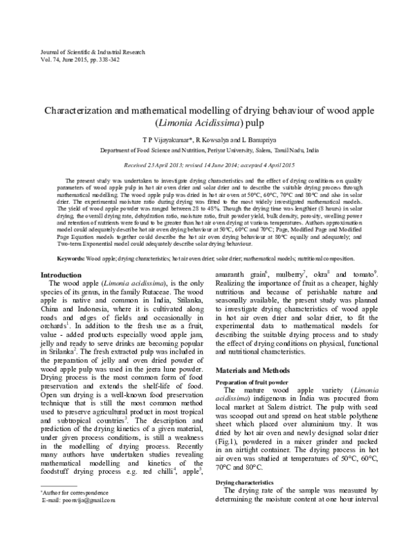 (PDF) Characterization and mathematical modelling of drying behaviour ...
