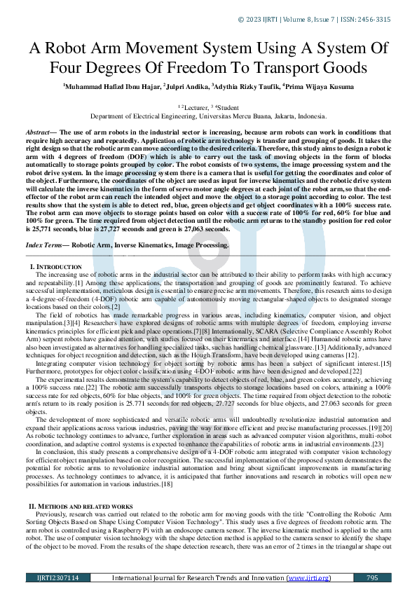 (PDF) A Robot Arm Movement System Using A System Of Four Degrees Of ...
