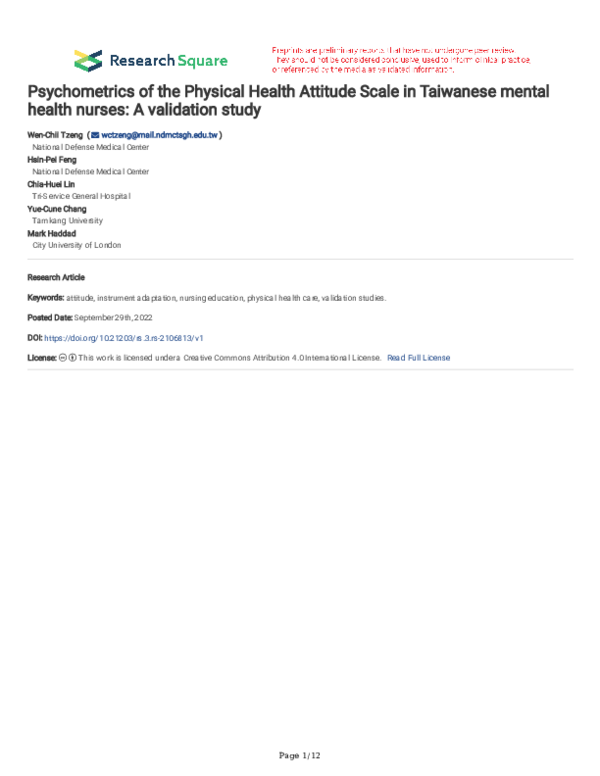(PDF) Psychometrics of the Physical Health Attitude Scale in Taiwanese ...