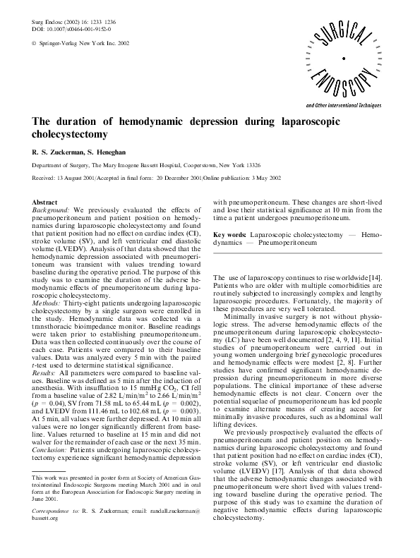 The duration of hemodynamic depression during laparoscopic cholecystectomy