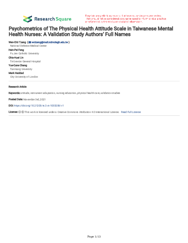 (PDF) Psychometrics of The Physical Health Attitude Scale in Taiwanese ...