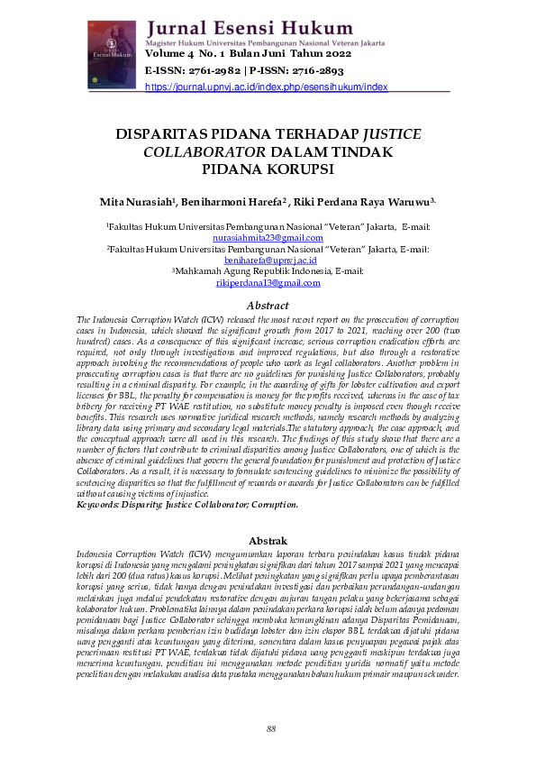 (PDF) Disparitas Pidana Terhadap Justice Collaborator Dalam Tindak ...